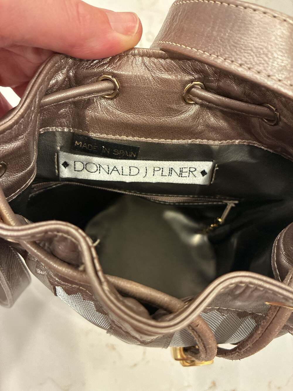 Donald J Pliner Metallic Leather and Mesh Drawstring Bucket Bag Made in Spain